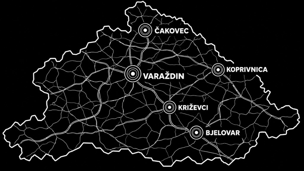 Karta mreže: Čakovec, Varaždin, Koprivnica, Križevci i Bjelovar